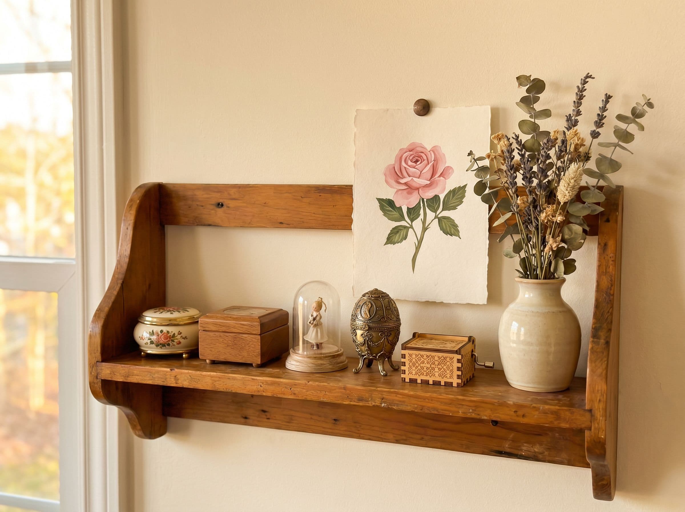L'atelier de la maison Boîte à Musique : étagère de boîtes choisies, sprig botanique, lumière douce